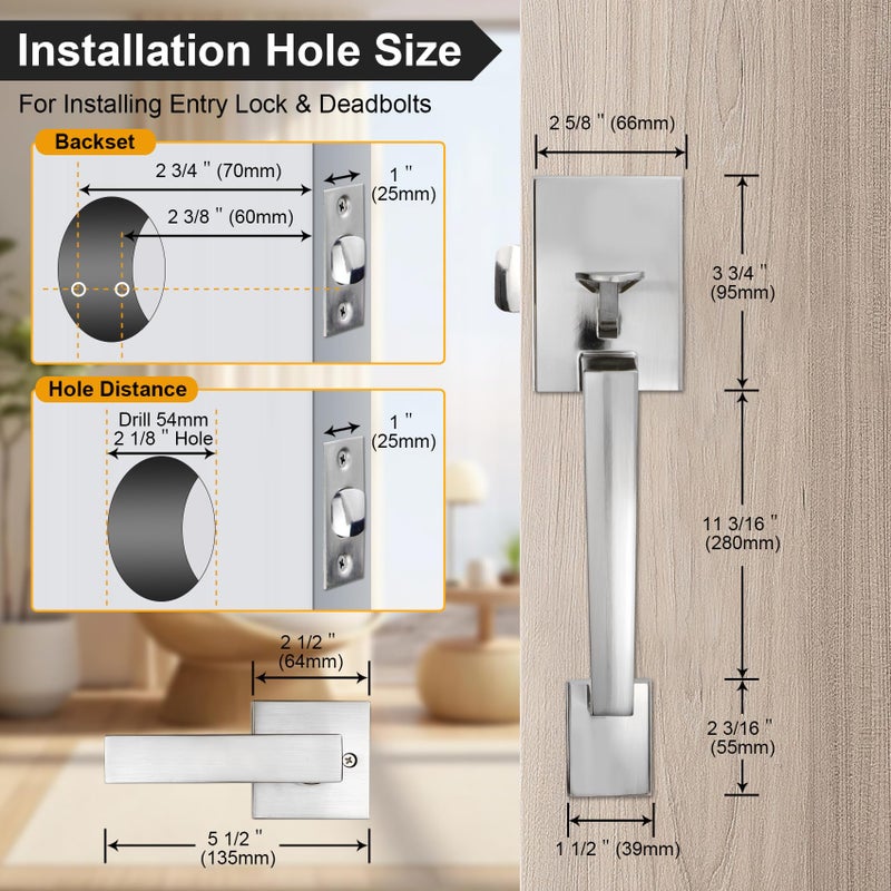 Azdele Front Door Handle Silver Set, Entry Satin Nickel Door Handle with for Right and Left Handed Doors, Single Cylinder Exterior Door Handle Set with Lower Half Lever, Satin Nickel - Image 3